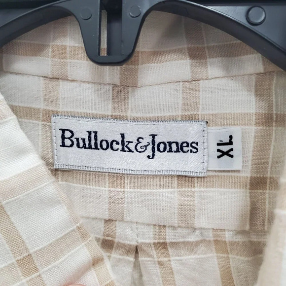 Bullock & Jones Mens White Tan Gingham 100% Linen Long Sleeve Button Up Shirt XL - Picture 5 of 6